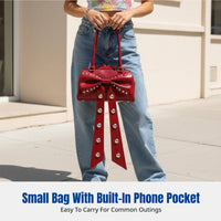Y2K Bowling Bag, PU Leather Shoulder Bag, Studded Bowknot Accent, Trendy Summer Handbag for Women