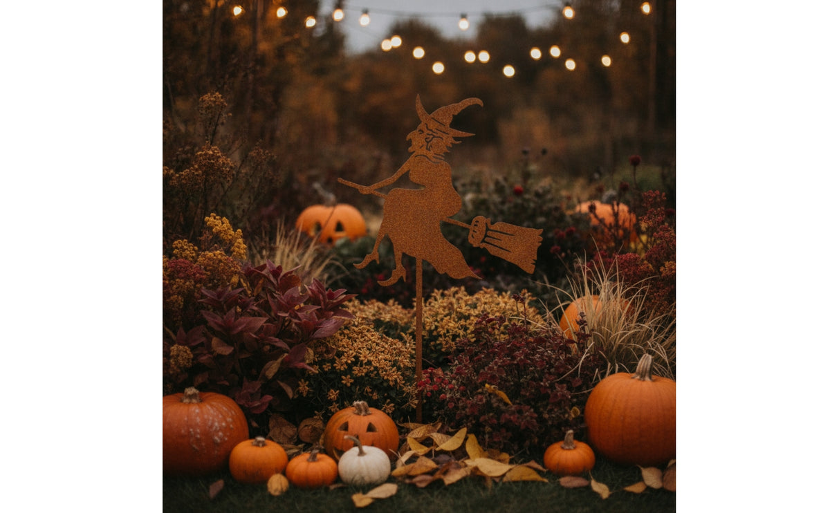 Rusted Witch Stake with Broom Metal Witch Silhouette Halloween Ornament Spooky for Garden, Lawn, Flower Bed