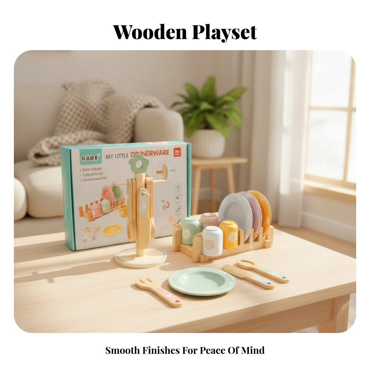 Wooden Dinnerware Set Children's Pretend Play Tableware Set Smooth Rounded Edges Wood for Kids