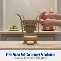 Brass Square Offering Set, Incense Burner, Candle Holder, Home Buddhist Altar, Chinese Design