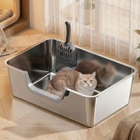 Stainless Steel Cat Toilet with Lid, Large Adult Cats Tray, Easy Cleaning Side Entry Pan for Kitten and Big Pets