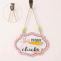 Easter Decorations, Happy Easter Hanging Sign, Beaded Easter Door Hanger Farmhouse Aesthetic Wooden Easter Decoration Handcrafted Plaid Border Hanging Sign for Families, Porch, Mantelpiece
