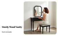 Durable Wood Construction Black Dressing Set with Stool and Mirror timeless design Lighted Vanity Table Set Vintage Design Makeup Desk space-saving Size for Women, Adults, Girls, Small Apartment