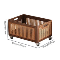 Storage Basket with Wheels Walnut-Finish Rolling Basket Woven for Under Console