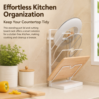 Pot Lid Rack, Carbon Steel Cutting Board Rack with Drip Tray, 3-Compartment Wall Mounted No-Drill Kitchen Organiser, 36.5x13.8x20cm