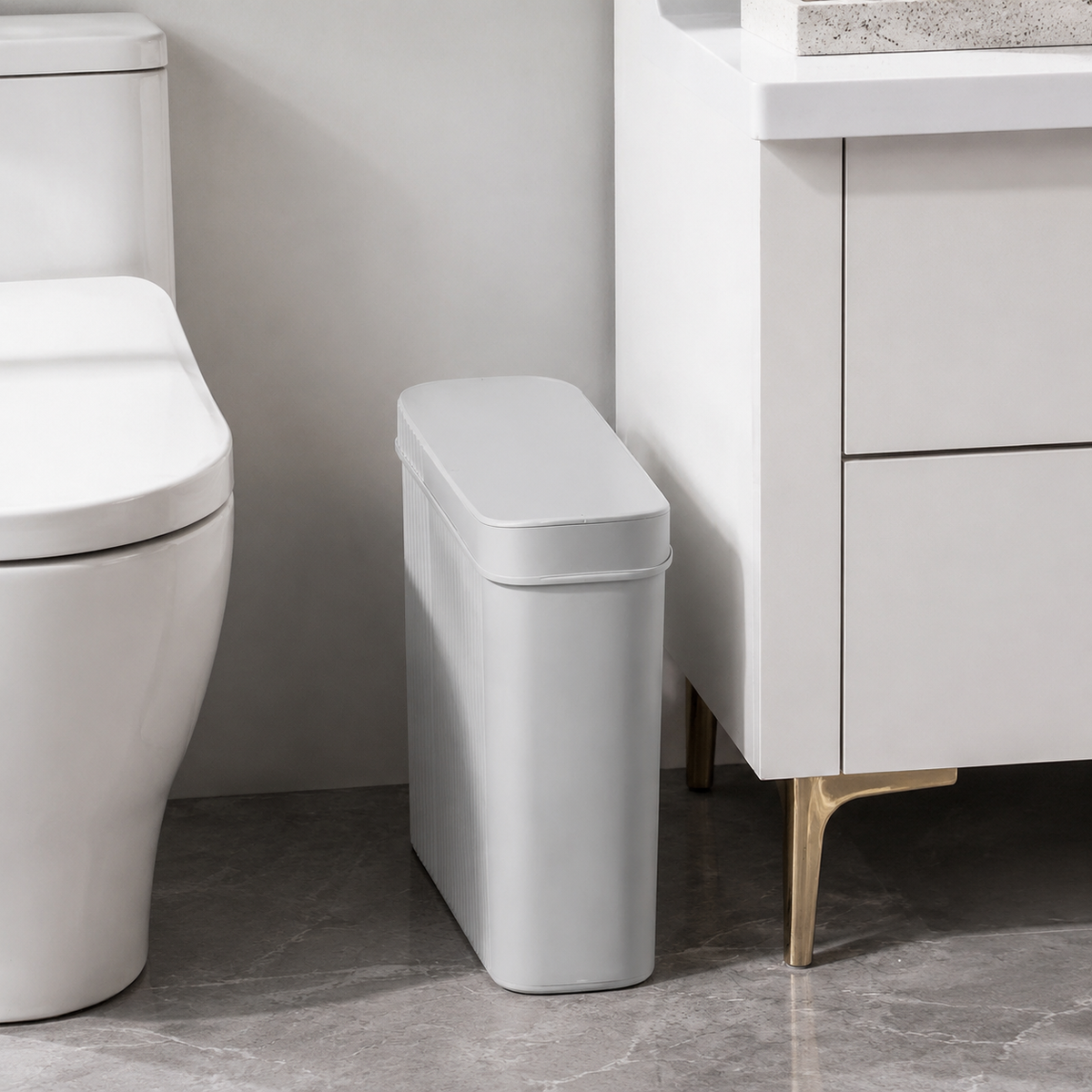Lidded Trash Can 45L, Push-button Type, Slim Design, Plastic, Odor-proof, White