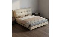 Cream Leather Tufted Bed Light Luxury Style Modern Leather Bed Frame Solid Wood Slat Base Bedroom Furniture for Couples, Small Apartment