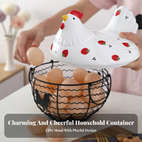 Strawberry Pattern Hen Basket Nordic Design Ceramic Chicken Lid Basket Hand-Painted Ceramic Hen Storage Container for Living Room, Dining Table