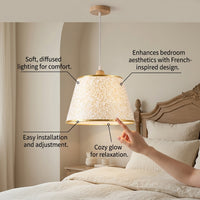 Ceiling Light with Vintage French Cloth Pendant Lamp Shade, Wooden Body Hanging for Dining Room, Retro Bedroom 3 Color Modes