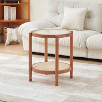 Nordic Design 2-Tier Round Side Table Vintage design two-levellevel Round Stand with Woven Shelf space-saving Size Nightstand Tapered Legs for Apartment Dwellers, Homeowners, Students, Living Room, Corner Space, Bedroom, Entryway