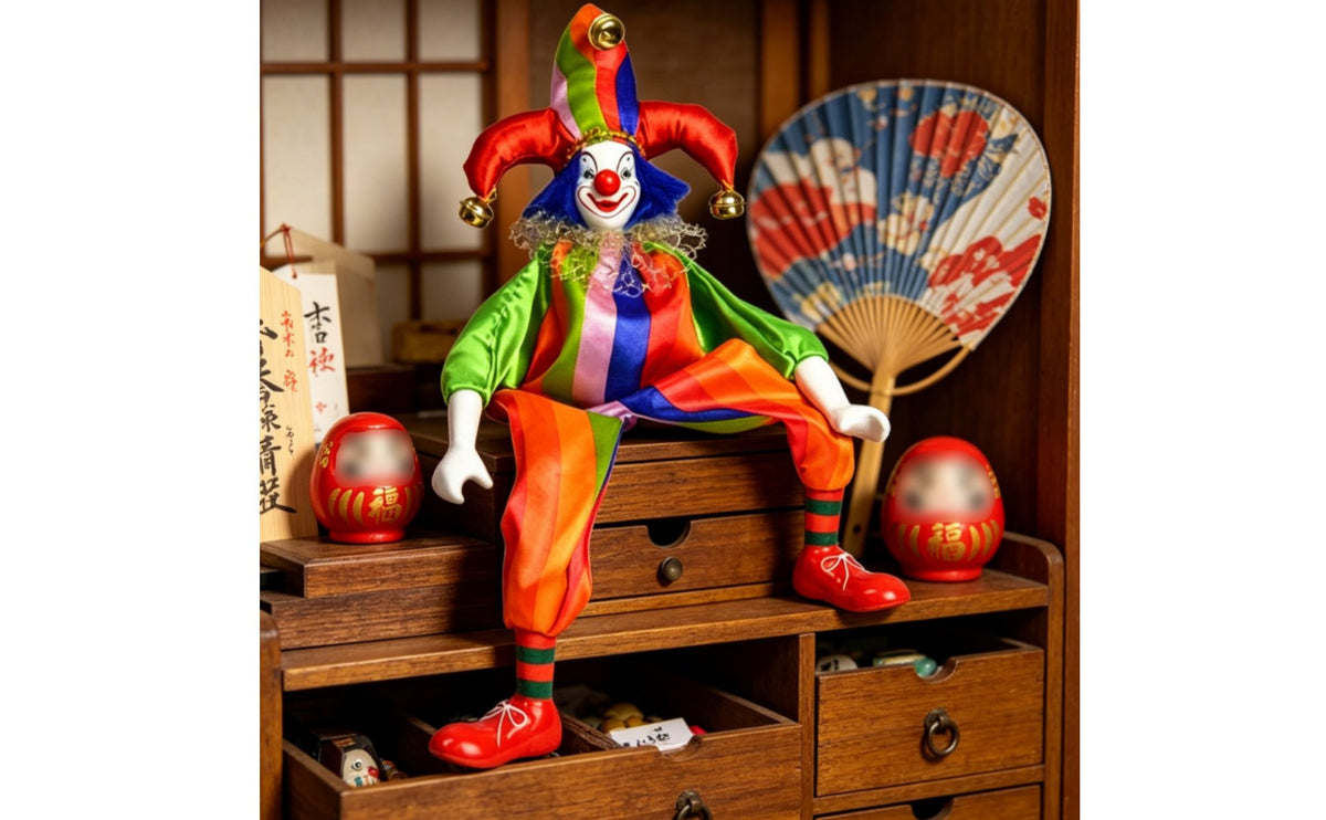 Dangling Leg Clown Doll Collectible Item Shelf Sitter Clown Colorful Costume Ceramic Harlequin Doll for Fans, Cabinet Display, Desk Ornament