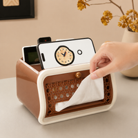 Plastic Tissue Case, With Lid, Multi-functional, Waterproof, Wood Grain Pattern, Living Room, Desk Area, Stylish
