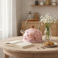 Floral Print Tea Kettle with Wood-Look Handle Food-Grade Tea Kettle with Wood Pattern Handle Loud Fast Heating for Homeowners