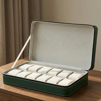 PU Leather Zippered Watch Storage Bag Green Hard Case Watch Organizer Contrast Stitching