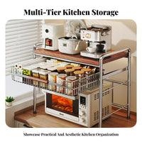 Multifunctional Wood and Steel Kitchen Rack Space Saving Microwave Oven Shelf with Drawer Rustproof Kitchen Appliance Storage Stand Sturdy & Long-Lasting for Home Cooks, Homeowners, Apartment Dwellers, Pantry, RV, Dorm Room, Office