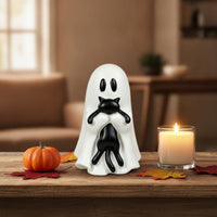 Spooky Ghost Figurine with Black Cat Tabletop Ghost and Black Cat Figurine Cute Halloween Ornament Seasonal for Goth Decor Lovers