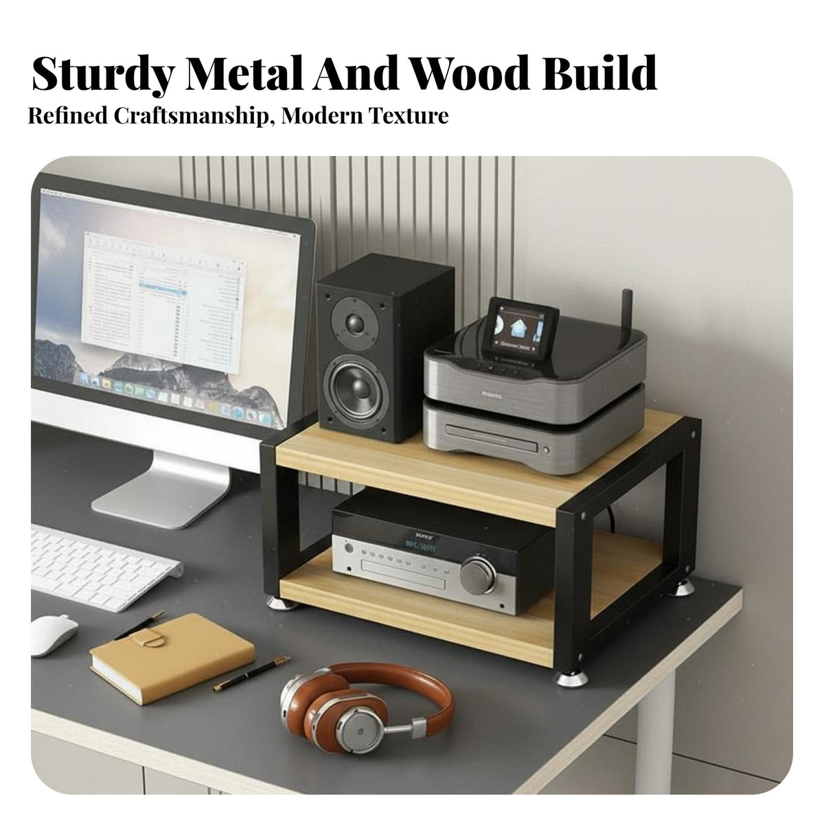 Space-Saving Desktop Amplifier Stand Ventilated-Air Design Audio Equipment Rack Sturdy Construction Audio Component Shelf Multifunctional for High-Fidelity Enthusiasts, Audiophiles, Living Room