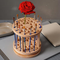 Two-Tier Rotating Brush Holder Natural Wood Finish Wooden Brush Holder Compact Desk Organizer Upright