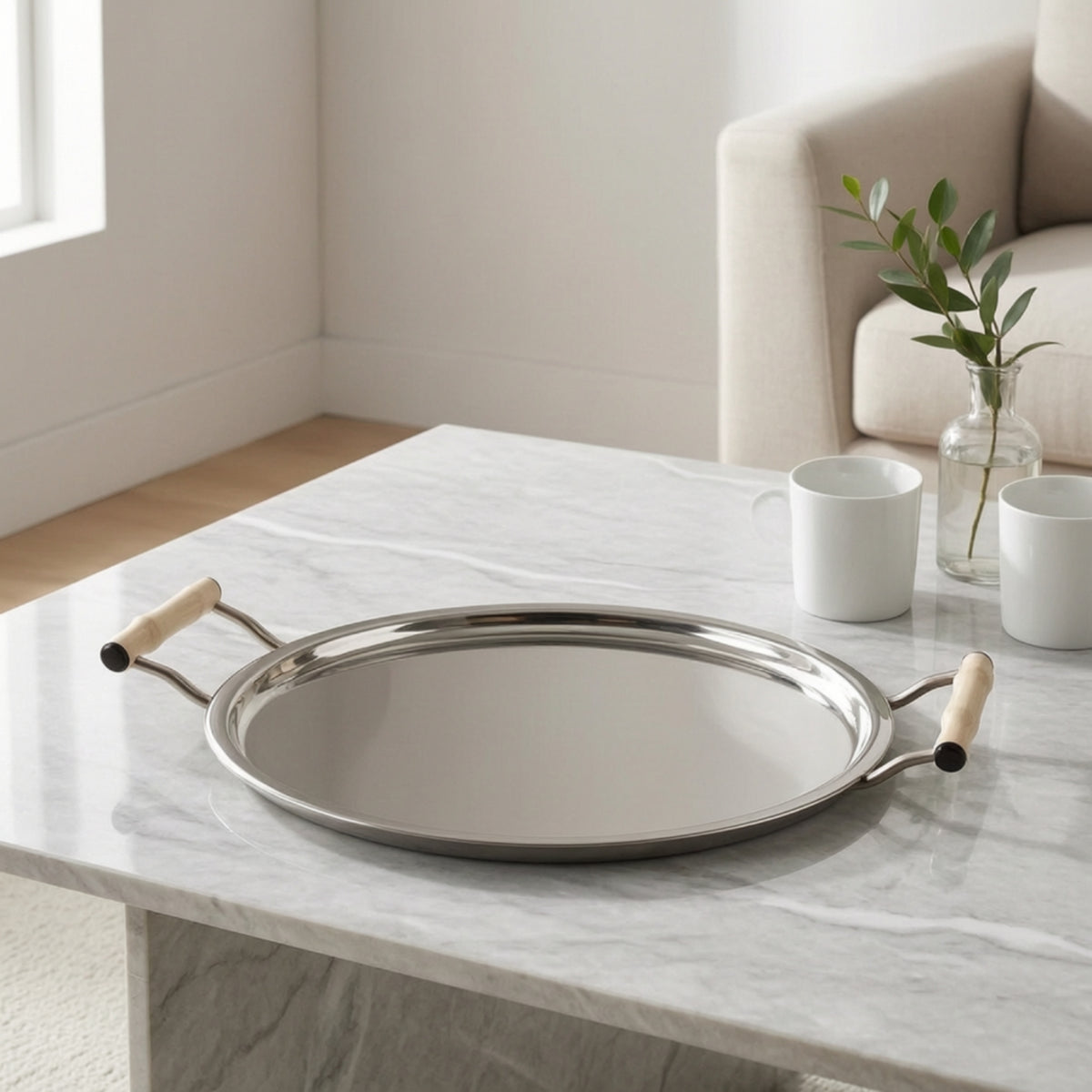 Polished Metal Tray with Bone Handles Silver Mirrored Tray with Handles Modern Ornamental for Vanity