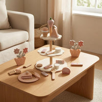 Wooden Dessert Playset Smooth Painted Finish Pretend Confectionery Stand Assorted Accessories Wooden Snack Display for Preschoolers, Children