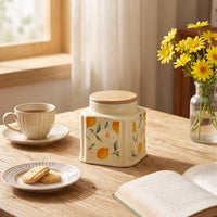 Decorative Ceramic Jar with Wooden Lid Airtight Lemon Print Canister Moisture-Proof Ceramic Jar with Lid Cute for Homeowners, Bakers, Kitchen Counter, Pantry, Coffee Bar
