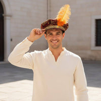 Feathered Medieval Hat Feather Accent Historical Muffin Cap Jeweled Detail Prince Costume Hat for Cosplayers, Actors, Stage Performances