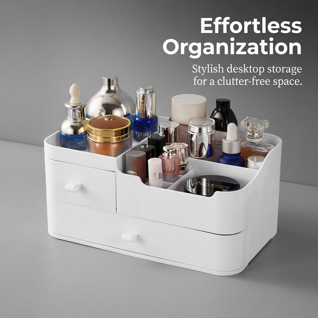 Storage Boxes for Shelves with Compartments, Desktop Organizer for Study Table, Single Drawer Office Stationery Medium White Rectangular