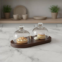 Glass Cloche Wooden Base Food Safe Materials Glass Dome Serving Tray Dessert Cloche Display Set Multipurpose Use for Cafe Owners