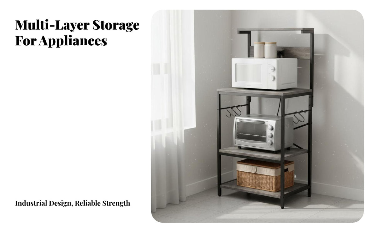 Heavy-Duty Frame Microwave Oven Stand Quick Assembly Freestanding Kitchen Utility Shelf Includes Hanging Hooks 4-Tier Utility Shelf Rustic Design for Home Cooks, Cooking Enthusiasts, Apartment Dwellers, Small Areas, Pantry, Breakroom, Living Room