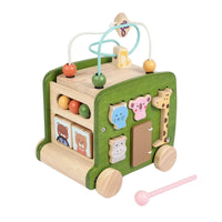 Wooden Activity Bus Multifunctional Activity Cube with Bead Maze Developmental Shape Sorter with Beads for Infants, Preschoolers