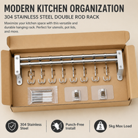 Kitchen Wall Rack, Silver Alloy Double Rod Utensil Rail with Movable Hooks, Wall Mounted Utensil Holder for Pots & Lids