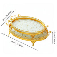 Openwork Rim Oval Metal Serving Tray Curled Handles Gold Oval Tray Marble-Like Pattern Home Accessory Patterned Border for Tabletop Display