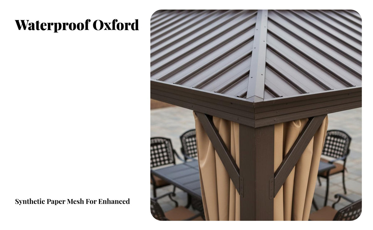 Permanent Roof Gazebo with Curtains Protection Garden Pavilion Weather Resistant Outdoor Shelter for Families, Business Owners, Backyard, Waterside