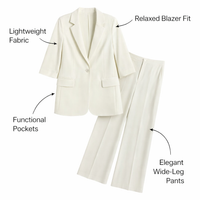 Women Trouser Suit Two Piece Set with Wide Leg Trousers for Office Wear, Long Sleeve Polyester Business Casual Outfit, Plus Size Available