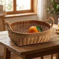 Oval storage basket, rattan look plastic basket with handles, medium fruit basket for kitchen & office, snack basket
