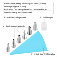 8 Piece Stainless Steel Icing Tips Set, Beginner Cake Decorating Kit for Bakery Supplies, Cream Piping Nozzles with Pastry Bags and Converter for