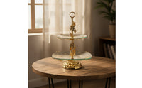 Double-Layer Fruit Stand with Glass Trays Gold-Tone 2-Tier Serving Stand European-Style Ornate for Hosts, Brides, Party, Wedding, Living Room