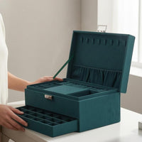 Divided Compartments Velvet Jewelry Box Hinged Lid Jewelry Box with Drawer Metal Latch Display Case Green
