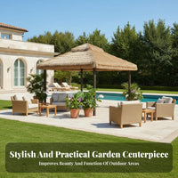 Thatched Roof Gazebo Rainproof Four-Corner Sun Cover Rustic Design Square Patio Canopy for Event Planners, Business Owners, Courtyard, Backyard, Deck
