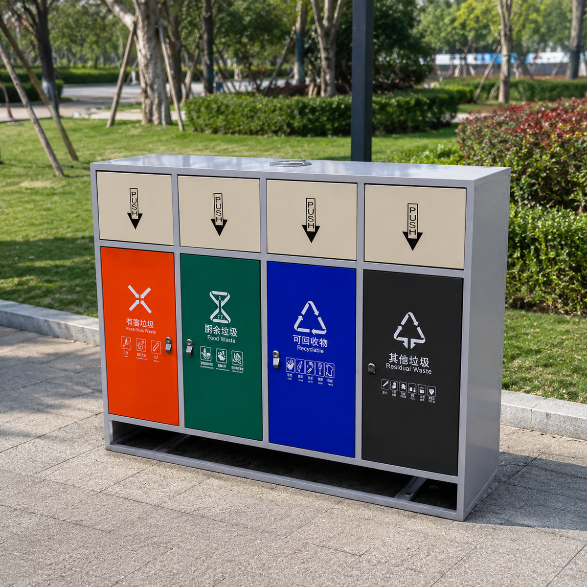 Dark Grey Stainless Steel Waste Sorting Station, Double Bin Recycling Bin for Public Spaces, 36cm Wide with Shelter