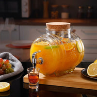 Glass Water Dispenser with Tap, Patterned Beverage Dispenser for Home Bar, Round Juice Dispenser, Chinese Style Iced Tea Glass Dispenser Cork Lid