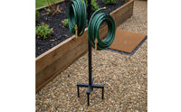 Decorative Detachable Hose Storage Stand Stable 4-Prong Base Metal Garden Hose Rack Double-Sided Hooks for Gardeners, Homeowners, Patio