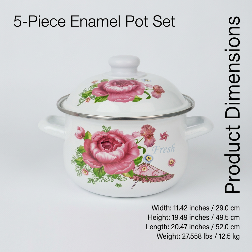 Enamel Soup Pot Set with Lid, Vintage Floral Cooking Pot, Double Ear Handles, Household Soup Pot for Noodles, Enamelware Pot for Pasta