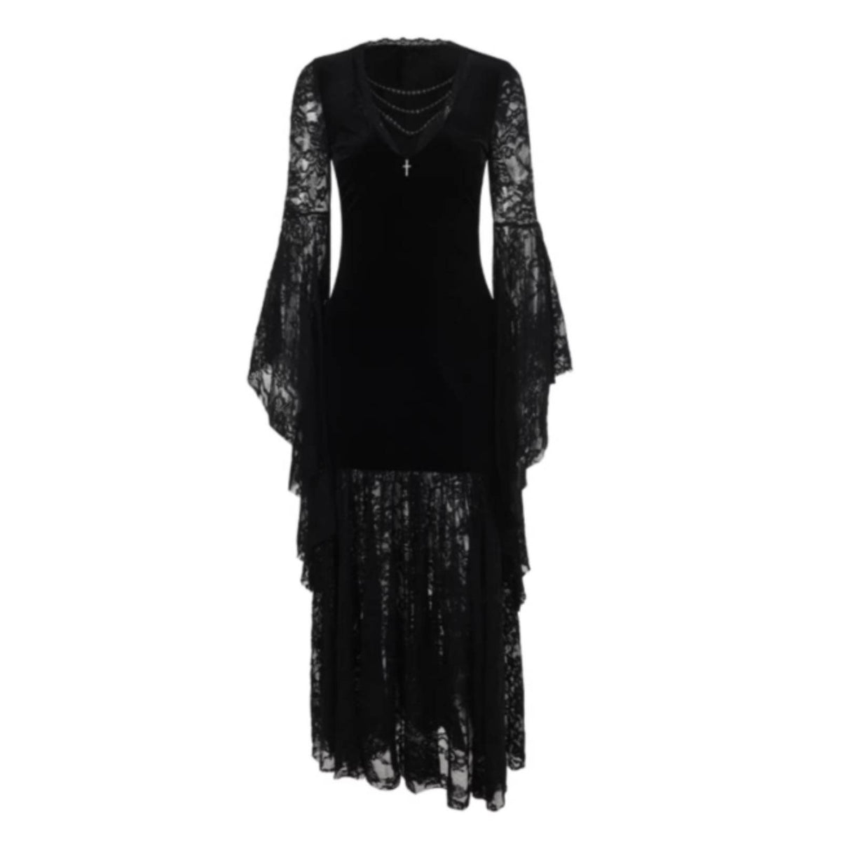 Vintage Inspired Black Lace Witch Dress Romantic Gothic Velvet Mermaid Gown Black Velvet Lace Dress for Halloween Partygoers, Goth Enthusiasts, Unconventional Fashion Fans, Cosplay Events, Costume Parties, Evening Wear, Photoshoots