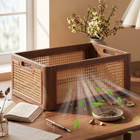 Storage Basket with Wheels Walnut-Finish Rolling Basket Woven for Under Console