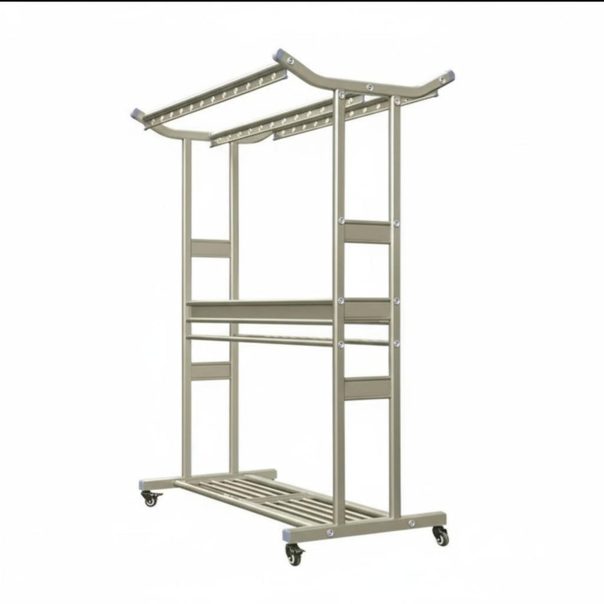 Heavy Duty Mobile Clothes Drying Rack Windproof Hanger Holes Rolling Garment Rack with Shelves Freestanding Clothes Airer for Courtyard