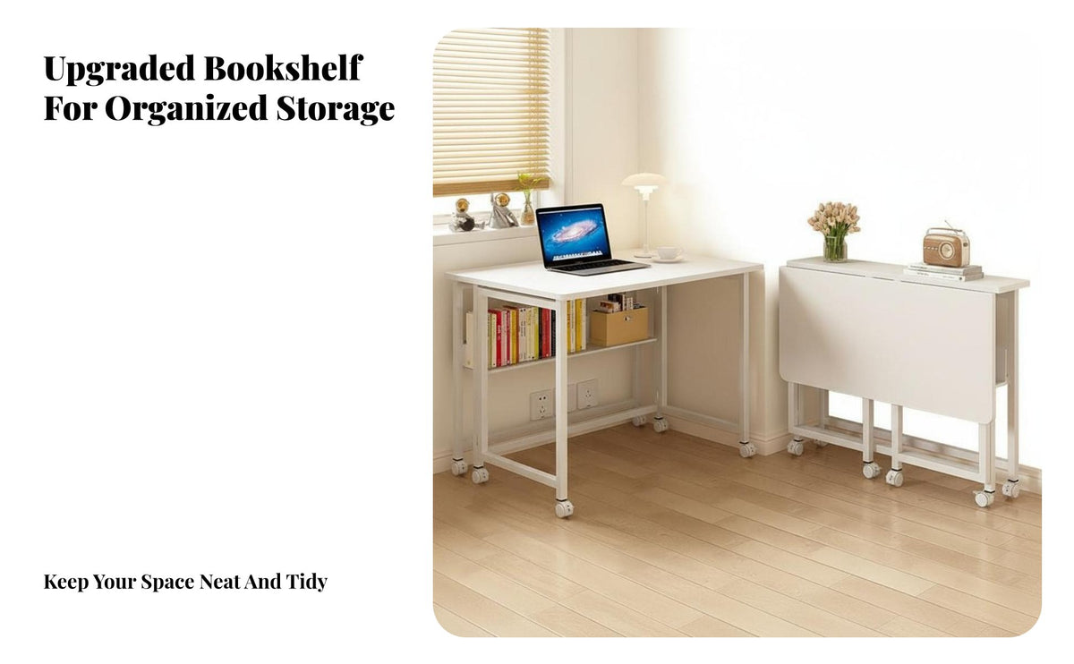 Space-Saving Foldable Computer Desk Multi-Purpose Mobile Desk with Wheels Easy Assembly Mobile Computer Workstation Sturdy Frame for Students, Apartment Dwellers, Distant Workers, Small Areas, Dorm Room, Bedroom