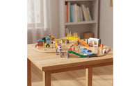 110 Pieces Great Gift 110 Piece Wooden Railway Set Beech Wood Material Wooden Train Track Set Creative Assembly City Scene Vehicle Playset for Boys, Kids, Toddlers, Floor Play, Playroom