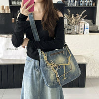 Travel Bag and Shoulder Bag for Daily Use, Versatile Work Bag with Crossbody Style, Denim Bags for Women with Patchwork, Single Shoulder Strap