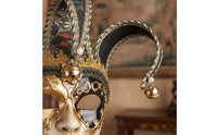 Carnivalesque Fool Face Covering Glittered Mask with Bells Elongated for Theater